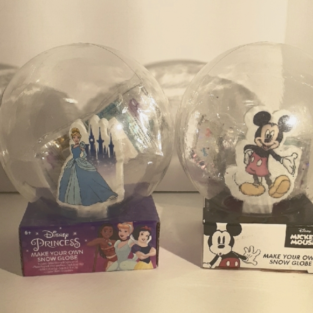 2 DISNEY "Make Your Own Snowglobe" Kits. 1 Mickey Mouse, 1 Princess Kits. NEW